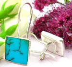 Sterling silver earring with clip-in fish hook for closure and square blue turquoise stone embedded