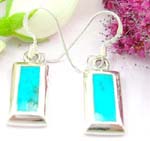 Sterling silver earring with clip-in fish hook for closure and rectangular blue turquoise stone embedded 