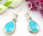 Sterling silver earring with water-drop turquoise and flower on top decor