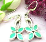 Sterling silver earring with fish hoop design and flower pattern with green turquoise 