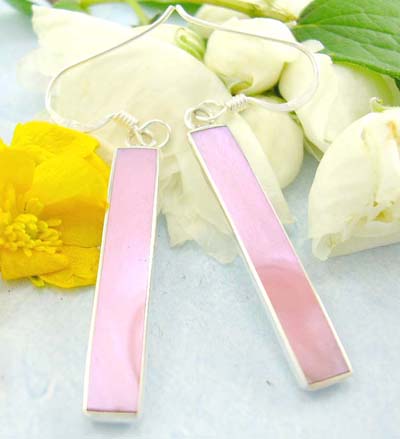 Jewelry display shopping sterling silver earrings with pink mother of pearl, decor in long rectangle designed with fish hook back to fit  
