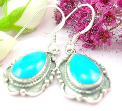 Bail jewelry shopping online sterling silver earring with rain-drop shape turquoise and wire decor around      