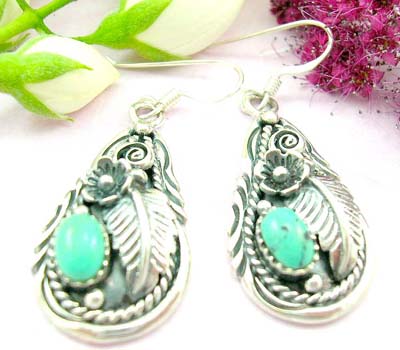Jewelry finding shopping leaf and flower pattern sterling silver earring with blue turquoise          
